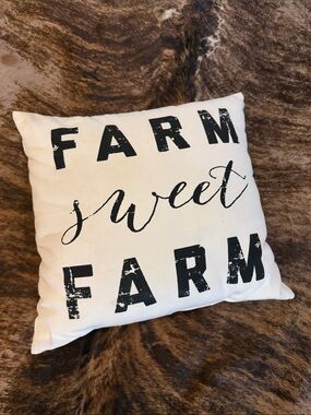 Farm Sweet Farm Decorative Throw Pillow - White with Black Text